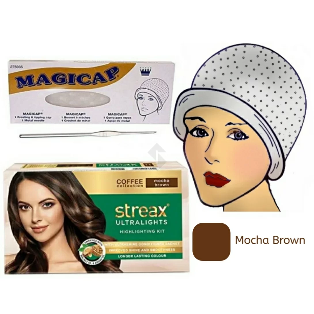 Combo Pack Of Streax Ultralights Highlighting Kit Mocha Brown & Professional Highlighting Cap - Sams Collection Combo Pack Of Streax Ultralights Highlighting Kit Mocha Brown & Professional Highlighting Cap - Sams Collection