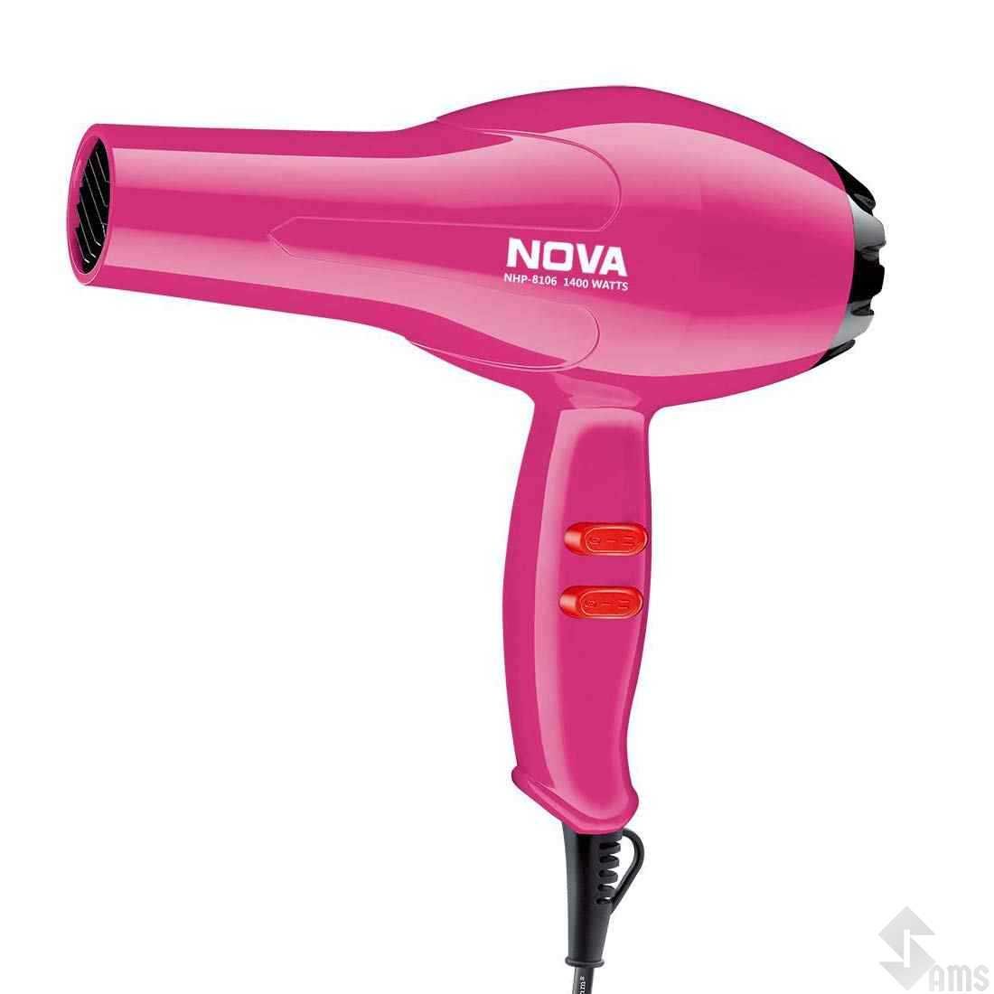 Nova 1290 Professional Electric Foldable Hair Dryer With 2 Speed Control  1000 Watts  Pink And White